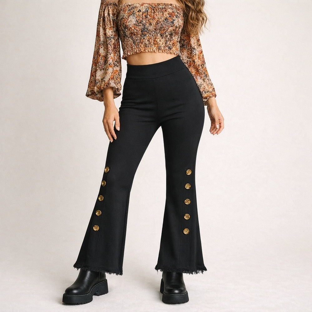 Y2K Black High Waist Button Flare Pants Cropped Bell Bottom Stretch Pontepull on